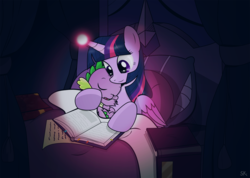 Size: 1496x1068 | Tagged: safe, artist:dsana, spike, twilight sparkle, alicorn, dragon, pony, g4, baby, baby dragon, baby spike, bed, book, cuddling, cute, dsana is trying to murder us, duo, duo male and female, female, glowing horn, horn, male, mama twilight, mare, reading, sleeping, snuggling, spikabetes, spikelove, twilight sparkle (alicorn), wings