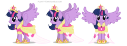 Size: 1100x400 | Tagged: safe, artist:mixermike622, twilight sparkle, alicorn, pony, g4, clothes, coronation dress, cute, dress, element of magic, female, front, mare, on side, profile, reference sheet, shoes, simple background, skirt, smiling, spread wings, transparent background, twilight sparkle (alicorn)