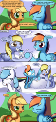 Size: 700x1525 | Tagged: safe, artist:solar-slash, applejack, derpy hooves, lightning bolt, rainbow dash, white lightning, earth pony, pegasus, pony, g4, accent, artifact, background pony, blatant lies, comic, female, hoofwrestle, mare, muffin, that pony sure does love muffins
