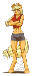 Size: 773x1773 | Tagged: safe, artist:mykegreywolf, applejack, earth pony, anthro, unguligrade anthro, g4, abs, applebucking thighs, belly button, chest freckles, clothes, crossed arms, daisy dukes, female, front knot midriff, midriff, shorts, shoulder freckles, solo, standing