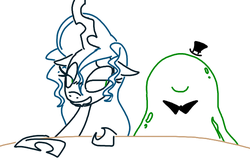 Size: 607x389 | Tagged: safe, artist:weaver, queen chrysalis, smooze, changeling, changeling queen, g4, make new friends but keep discord, bedroom eyes, bowtie, female, hat, simple background, top hat, white background