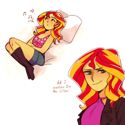 Size: 500x500 | Tagged: safe, artist:mimimonlon, sunset shimmer, equestria girls, g4, cute, female, music notes, pillow, shimmerbetes, solo