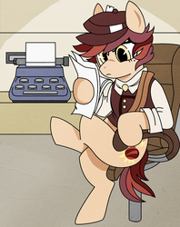 Size: 1100x1391 | Tagged: safe, artist:dbkit, oc, oc only, oc:cherry bomber, pony, chair, clothes, hat, jacket, journalist, offspring, parent:dumbbell, parent:rainbow dash, parents:dumbdash, solo, typewriter