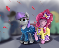 Size: 1215x1000 | Tagged: safe, artist:scootiebloom, maud pie, pinkie pie, g4, make new friends but keep discord, clothes, dress, gala dress, scene interpretation