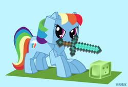 Size: 3300x2250 | Tagged: safe, artist:hirurux, rainbow dash, pegasus, pony, g4, :3, blue background, diamond sword, female, high res, minecraft, mouth hold, simple background, slime (minecraft), solo, sword, weapon