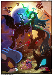 Size: 3500x4951 | Tagged: safe, artist:light262, artist:lummh, applejack, descent, fluttershy, king sombra, lord tirek, nightmare moon, nightshade, pinkie pie, queen chrysalis, rainbow dash, rarity, twilight sparkle, alicorn, changeling, changeling queen, pony, comic:timey wimey, g4, armor, awesome, badass, bracer, clothes, comic, costume, dark crystal, dark magic, epic, eye contact, female, fight, gritted teeth, helmet, horseshoes, jewelry, looking at each other, magic, mane six, mare, necklace, nose piercing, nose ring, open mouth, peytral, piercing, scared, septum piercing, shadowbolts, shadowbolts costume, this will end in tears and/or death, twilight sparkle (alicorn), ultimate showdown of ultimate destiny, war