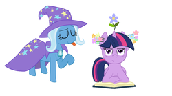 Size: 900x500 | Tagged: safe, artist:elslowmo, trixie, twilight sparkle, pony, unicorn, g4, book, female, mare, race swap, simple background, telekinesis, unamused, white background