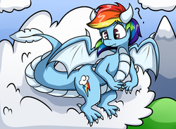 Size: 1468x1072 | Tagged: safe, artist:graphene, rainbow dash, dragon, g4, dragoness, dragonified, female, question mark, rainbow dragon, solo, species swap