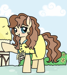 Size: 662x731 | Tagged: safe, artist:unoriginai, oc, oc only, oc:macaroni gourmet, clothes, cute, dress, female, filly, offspring, parent:cheese sandwich, parent:coco pommel, parents:cheesecoco, ponyville, solo