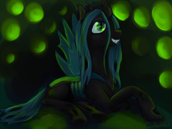 Size: 1024x768 | Tagged: safe, artist:causticeichor, queen chrysalis, changeling, changeling queen, g4, crown, female, hive, jewelry, prone, regalia, smiling, solo