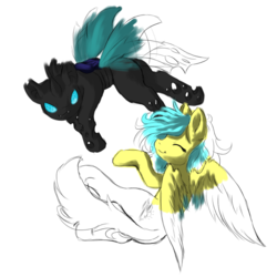 Size: 1000x1000 | Tagged: safe, artist:sapphfyr, oc, oc only, changeling, pegasus, pony, flying, smiling, wip