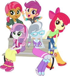 Size: 1183x1277 | Tagged: safe, artist:punzil504, apple bloom, babs seed, scootaloo, silver spoon, sweetie belle, equestria girls, g4, bench, boots, cutie mark crusaders, equestria girls-ified, shoes, simple background, transparent background, vector