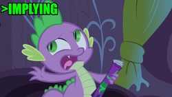 Size: 1280x720 | Tagged: safe, edit, screencap, spike, g4, power ponies (episode), comic book, image macro, implying, meme