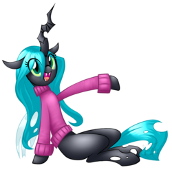 Size: 1000x1000 | Tagged: safe, artist:sweettots, queen chrysalis, changeling, changeling queen, ask teen chrysalis, g4, clothes, cute, cutealis, female, leaning back, simple background, sitting, smiling, solo, sweater, transparent background