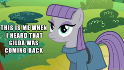 Size: 610x343 | Tagged: safe, edit, edited screencap, screencap, gilda, maud pie, griffon, pony, g4, the lost treasure of griffonstone, female, image macro, mare, meme, not impressed, reaction image