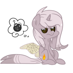Size: 5120x5120 | Tagged: safe, artist:shinypikachu25, oc, oc only, oc:moth flame, alicorn, mothpony, original species, pony, absurd resolution, alicorn oc, bomb, bombs, cute, fire, solo, thinking, thought bubble