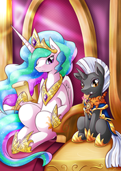 Size: 2000x2827 | Tagged: safe, artist:vavacung, princess celestia, oc, oc:scope, cat, pony, unicorn, g4, armor, commission, guard, high res, kitten, looking at you, male, royal guard, sitting, stallion, throne