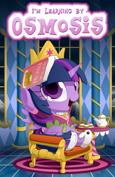 Size: 1100x1700 | Tagged: safe, artist:berrypawnch, spike, twilight sparkle, alicorn, pony, g4, book, book hat, bunny slippers, chibi, clothes, cookie, cute, female, food, mare, pancakes, sleeping, slippers, twiabetes, twilight sparkle (alicorn)