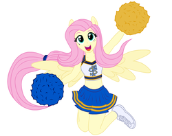 Size: 704x558 | Tagged: safe, artist:kiwi, fluttershy, equestria girls, g4, cheerleader, clothes, eared humanization, female, humanized, jumping, looking at you, midriff, open mouth, ponied up, shake it off, skirt, smiling, solo, sports bra, spread wings, winged humanization