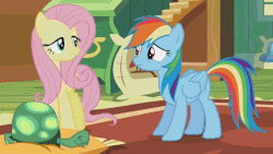 Size: 1452x817 | Tagged: safe, screencap, fluttershy, rainbow dash, tank, g4, season 5, tanks for the memories, animated, extreme speed animation, pillow, rug, stairs