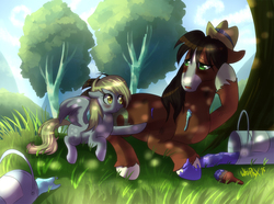 Size: 1124x835 | Tagged: safe, artist:whitephox, derpy hooves, trouble shoes, earth pony, pegasus, pony, appleoosa's most wanted, g4, derpyshoes, female, male, mare, paint, paint on fur, paintbrush, shipping, straight, trouble hooves, unshorn fetlocks