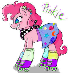 Size: 2000x2000 | Tagged: safe, pinkie pie, earth pony, pony, g4, 80s, clothes, female, high res, roller skates, skirt, smiling, socks, solo