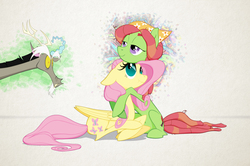 Size: 5114x3392 | Tagged: safe, artist:grievousfan, discord, fluttershy, tree hugger, g4, make new friends but keep discord, absurd resolution, hug, jealous, scrunchy face