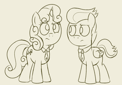 Size: 1223x847 | Tagged: safe, artist:dtcx97, rumble, sweetie belle, pegasus, unicorn, post-crusade, g4, colt, duo, duo male and female, eyebrows, female, filly, foal, horn, lineart, male, monochrome, necktie, raised eyebrow