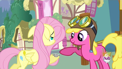 Size: 800x450 | Tagged: safe, screencap, cherry berry, fluttershy, earth pony, pegasus, pony, g4, magical mystery cure, aviator goggles, aviator hat, bits, butt, duo, female, goggles, hat, hub logo, hubble, mare, plot, silver bits, the hub