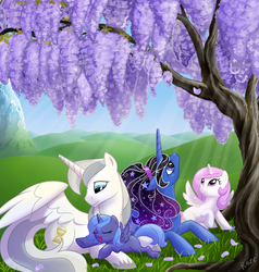 Size: 1900x2000 | Tagged: safe, artist:roze23, princess celestia, princess luna, oc, alicorn, pony, g4, alicorn oc, cewestia, filly, parent, prone, tree, woona