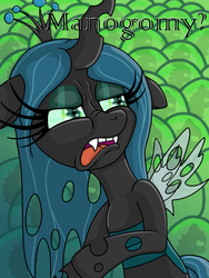 Size: 1200x1600 | Tagged: safe, artist:zippzappzoom, queen chrysalis, changeling, changeling queen, g4, disgusted, ew gay, female, meme, misspelling, monogamy, solo