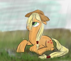 Size: 1344x1152 | Tagged: safe, artist:kwendynew, applejack, g4, female, prone, rain, solo, wet, wet mane