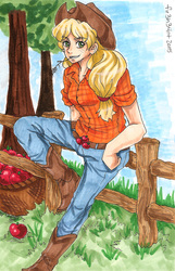 Size: 816x1268 | Tagged: safe, artist:fir3h34rt, applejack, human, g4, apple, bucket, clothes, female, fence, humanized, jeans, shirt, solo, straw, traditional art