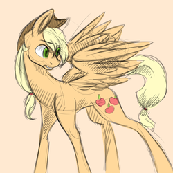 Size: 1224x1224 | Tagged: safe, artist:ebonytails, applejack, pegasus, pony, g4, female, flapplejack, frown, looking back, race swap, solo, spread wings, wide eyes