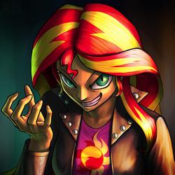 Size: 1024x1024 | Tagged: safe, artist:murskme, sunset shimmer, equestria girls, g4, arms, breasts, bust, clothes, evil, evil smile, evil smirk, female, fingers, grin, hand, jacket, leather, leather jacket, long hair, long sleeves, open mouth, smiling, solo, teenager, teeth, top
