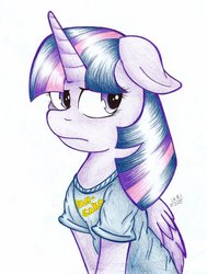 Size: 1024x1358 | Tagged: safe, artist:cyanyeh, twilight sparkle, alicorn, pony, g4, clothes, cute, female, floppy ears, frown, i'm pancake, looking away, mare, shirt, sitting, solo, traditional art, twilight sparkle (alicorn), unamused