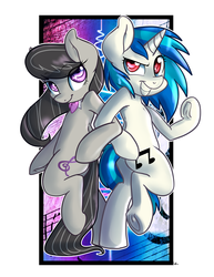 Size: 4655x6024 | Tagged: safe, artist:annakitsun3, dj pon-3, octavia melody, vinyl scratch, g4, absurd resolution, backwards cutie mark, cute, ship:scratchtavia, tavibetes, underhoof, vinylbetes