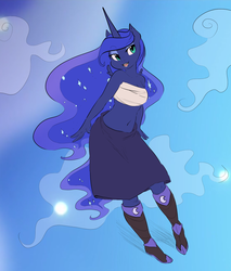 Size: 1280x1504 | Tagged: safe, artist:deeriojim, artist:glacierclear, artist:glacierclear edits, color edit, edit, princess luna, alicorn, anthro, unguligrade anthro, g4, bandeau, belly button, breast binding, clothes, female, midriff, open mouth, skirt, solo