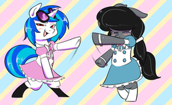 Size: 1280x782 | Tagged: safe, artist:wherewolfs, dj pon-3, octavia melody, vinyl scratch, pony, g4, bipedal, blushing, clothes, dancing, dress, female, glasses, lesbian, looking at you, maid, mare, open mouth, ship:scratchtavia, shipping, socks