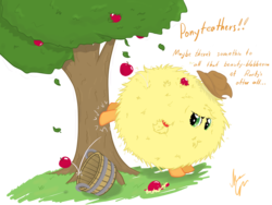Size: 1400x1050 | Tagged: safe, artist:sameasusual, applejack, earth pony, pony, g4, apple, apple tree, applebucking, applejack mid tree-buck facing the right with 3 apples falling down, applejack mid tree-buck with 3 apples falling down, bucking, falling, female, fluffy, fluffy mane ball, food, frizzy hair, messy mane, simple background, solo, transparent background, tree