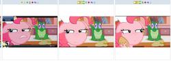 Size: 696x247 | Tagged: safe, screencap, gummy, pinkie pie, pony, derpibooru, g4, my little pony: friendship is magic, the lost treasure of griffonstone, chef's hat, duo, exploitable meme, hat, juxtaposition, juxtaposition win, meme, meta