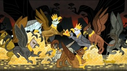 Size: 1670x935 | Tagged: safe, screencap, griffon, g4, the lost treasure of griffonstone, crown, fight, gold, griffon treasure, griffons doing griffon things, history of griffonstone, lowres, treasure, unnamed character, unnamed griffon
