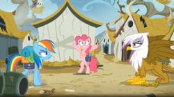 Size: 1666x928 | Tagged: safe, screencap, gilda, pinkie pie, rainbow dash, griffon, g4, the lost treasure of griffonstone, bipedal, saddle bag