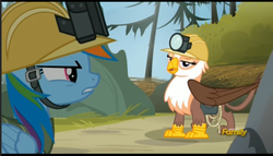 Size: 985x563 | Tagged: safe, screencap, gimme moore, rainbow dash, griffon, g4, the lost treasure of griffonstone, angry, frown, glare, gritted teeth, hard hat, hat, rope