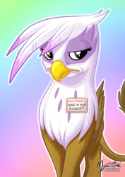 Size: 955x1351 | Tagged: safe, artist:mysticalpha, gilda, griffon, g4, the lost treasure of griffonstone, cute, female, frown, gilda is not amused, gildadorable, lidded eyes, looking at you, name tag, solo, that was fast, unamused