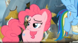 Size: 1663x932 | Tagged: safe, screencap, pinkie pie, rainbow dash, g4, the lost treasure of griffonstone, bandage, grin, lidded eyes, looking back, out of context, smiling