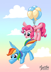 Size: 955x1351 | Tagged: safe, artist:mysticalpha, pinkie pie, rainbow dash, g4, the lost treasure of griffonstone, balloon, cute, diapinkes, flying, that was fast, then watch her balloons lift her up to the sky