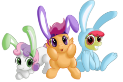 Size: 1280x853 | Tagged: safe, artist:osakaoji, apple bloom, scootaloo, sweetie belle, earth pony, pegasus, pony, unicorn, g4, bunny bloom, bunny costume, bunny ears, clothes, costume, cutie mark crusaders, female, filly, foal, trio, trio female
