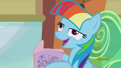 Size: 875x492 | Tagged: safe, screencap, rainbow dash, g4, the lost treasure of griffonstone, alternate hairstyle, book, chickun, derp, discovery family logo, faic, female, mane swap, manebow sparkle, meme, open mouth, rainbow dash is best facemaker, smiling, solo