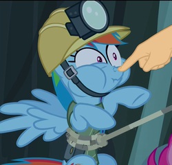 Size: 1125x1080 | Tagged: safe, edit, edited screencap, screencap, rainbow dash, g4, the lost treasure of griffonstone, boop, boop edit, finger, hand, hard hat, hat, nose wrinkle, puffy cheeks, scrunchy face